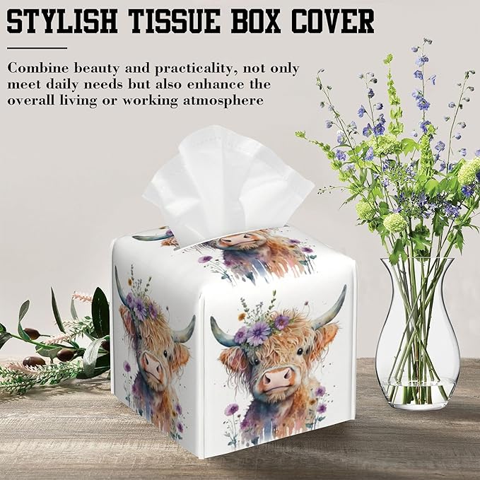 Tissue Box Holder Watercolor Highland Cow with Flowers Square Leather Tissue Box Cover Modern Cube Facial Paper Cover Case for Bathroom Vanity Countertop Night Stands Tabletop