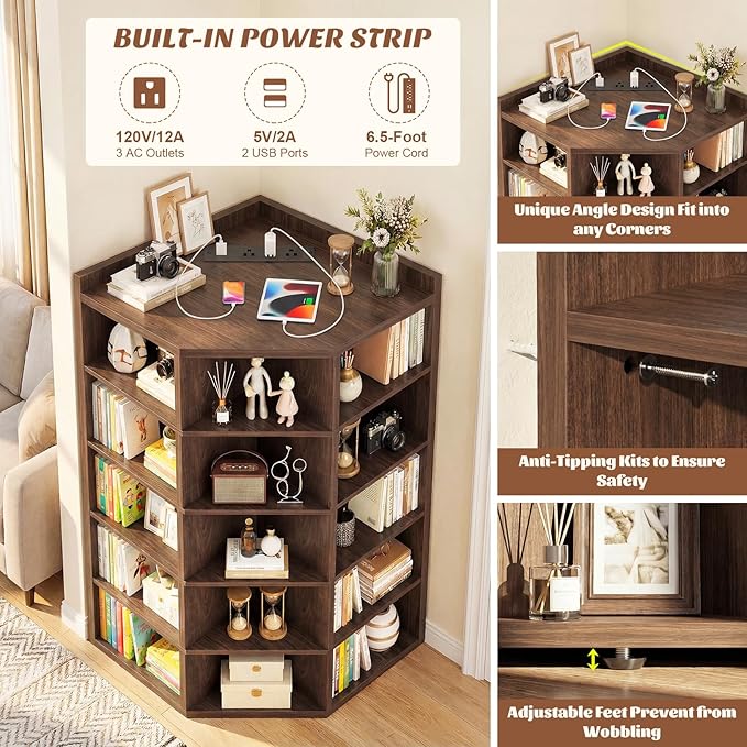Aheaplus Corner Cabinet, 6-Tier Corner Bookshelf with Power Outlets, Corner Cube Storage Shelf with Top Table, Wooden L Shaped Cubby Toy Storage for Home Office, Bedroom, Living Room, Black Walnut