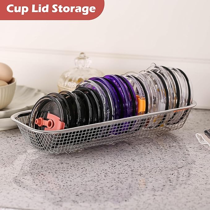 4Pack Stainless Steel Tumbler Cup Lid Organizer Inside Cabinet, Mason Jar Lid Holder, Rectangular Basket for Storage of Silverware, Chopsticks, straws and Utensils