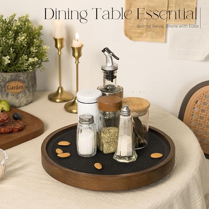 EOSAHR Non-Skid Wooden Lazy Susan for Table Top â Farmhouse 10.5" Bathroom Tray, Spice Rack and Vanity Tray - Stylish Bathroom Counter Organizer with Rubber Mat (Brown)