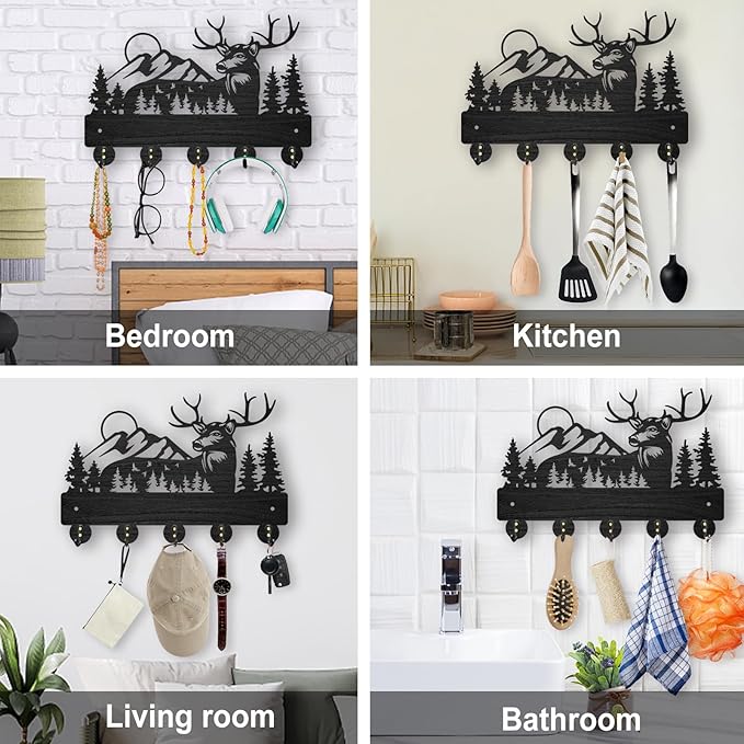 MAYJOYDIY Wooden Antler Wall Coat Rack with 5 Hooks, Black Forest Deer Design, 11.8x8 Inch Key Holder & Organizer for Entryway, Hall, Living Room, Office Decor