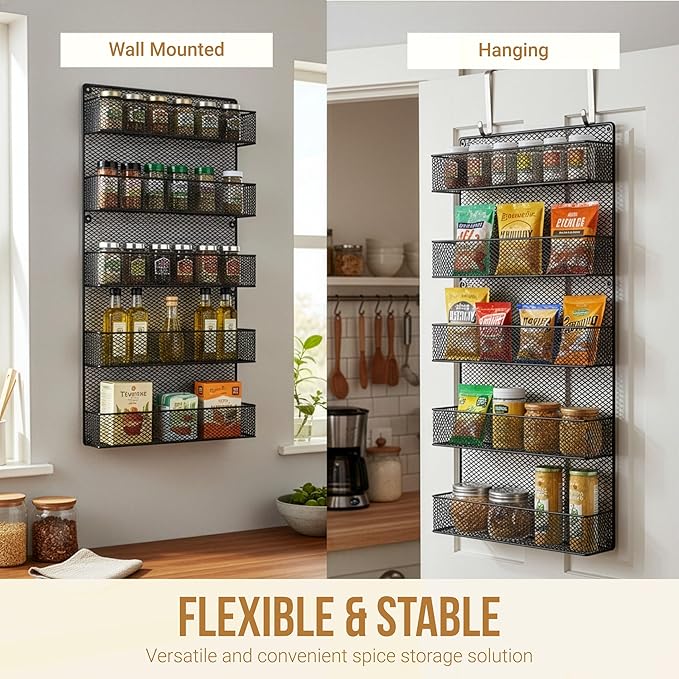 Spice Rack Organizer - Space-Saving Wall-Mount 5-Tier Wire Shelves for Pantry or Cabinets - Kitchen Organization and Storage by Home-Complete (Black)
