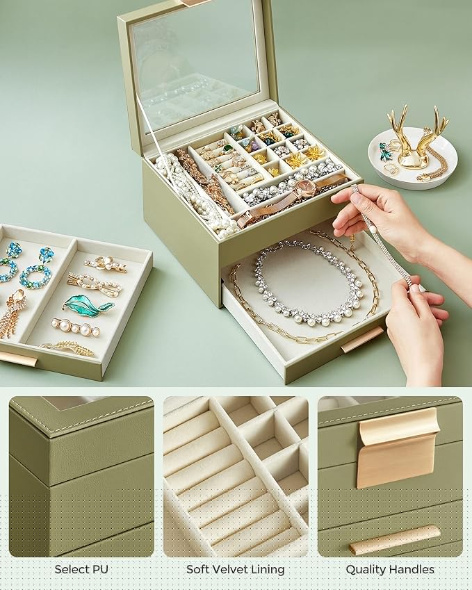 SONGMICS GISELLA Collection - Jewelry Box Organizer, 3-Layer Jewelry Storage with 2 Drawers, Shiny Metal Hardware, Glass Lid, Modern, 8 x 9.1 x 5.3 Inches, Avocado Green and Gold Color UJBC239C02
