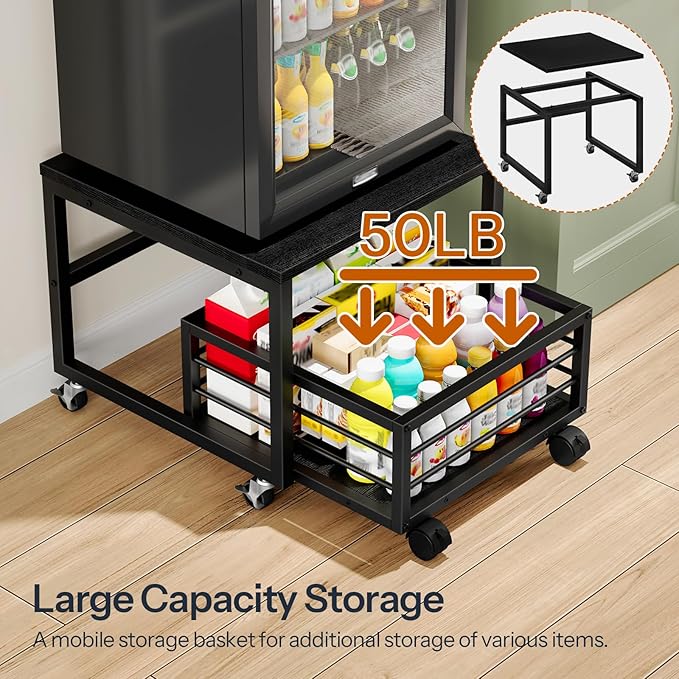 HOOBRO Mini Fridge Stand with Movable Storage Basket, Mini Fridge Cabinet with Wheels and Adjustable Feet, Sturdy Metal Frame, for Kitchen, Living Room, Office, Black BB155TL01