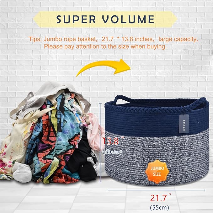 COMSE Extra Large Blanket Basket, Woven Laundry Basket, 21.7âx 13.8â, Nursery Hamper, Cotton Rope Laundry Hamper Living Room for Storage Toys Clothes Towels (Navy Blue)