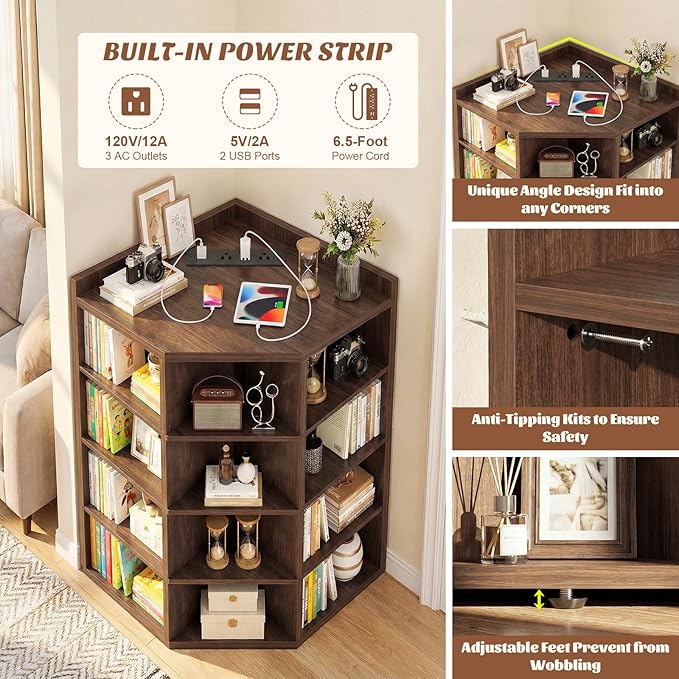 Aheaplus Corner Cabinet, 5-Tier Corner Bookshelf with Power Outlets, Corner Cube Storage Shelf with Top Table, Wooden L Shaped Cubby Toy Storage for Home Office, Bedroom, Living Room, Black Walnut
