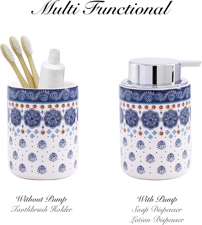 Bico Blue Talavera Ceramic 12oz Soap Dispenser with Removable Pump, Ideal for Kitchen, Bathroom, Lotion and Essential Oil