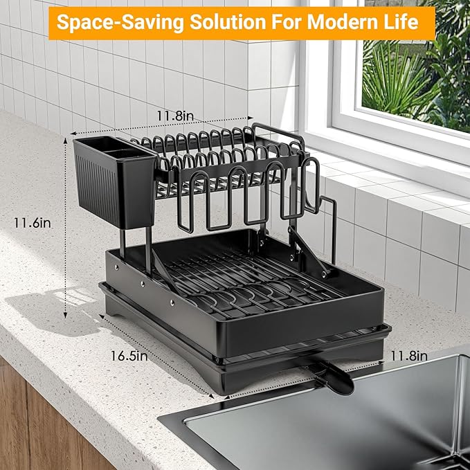 Large Dish Drying Rack 2 Tier for Kitchen Counter, Anti-Rust Metal Dish Rack with Lock & Lift System & Retractable Auto-Drain Spout, Escurridor de Platos with Cutting Board Holder, Black