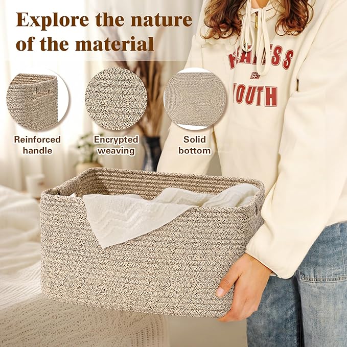 4 Pack Large Storage Basket for Organizing, 17.5"x13.5"x7.5" Woven Basket for Shelves, Closet Cube Storage Bins with Wrapped Handle, Cotton Rope Baskets for Kitchen, Clothes, Toys(Natural)