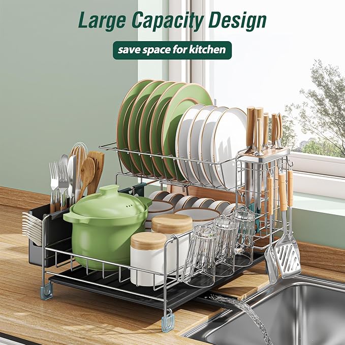 Dish Drying Rack - Large Capacity Stainless Steel Dish Rack for Kitchen Counter, 2-Tier Detachable Kitchen Organizers and Storage Rack with Drainboard and Cutlery Holder, Silver