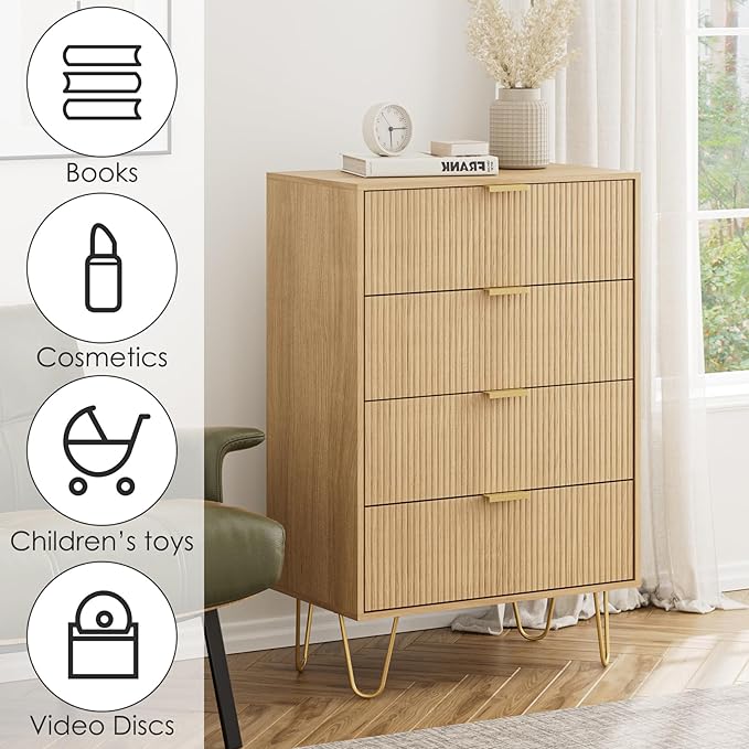 Masupu 4 Drawer Dresser, Drawer Chest, Tall Storage Dresser Chest Cabinet Organizer Unit with Gold Metal Legs, Nightstand for Bedroom, Living Room, Closet, Hallway Natural Stripe
