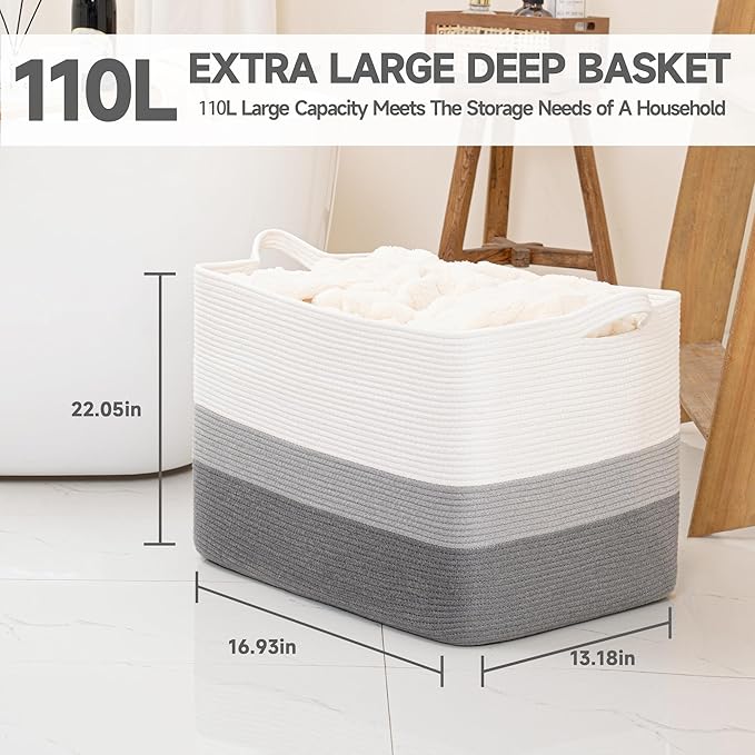 CLHMILY&Z Stylish Square Cotton Rope Storage Basket (Grey & White, 110L)