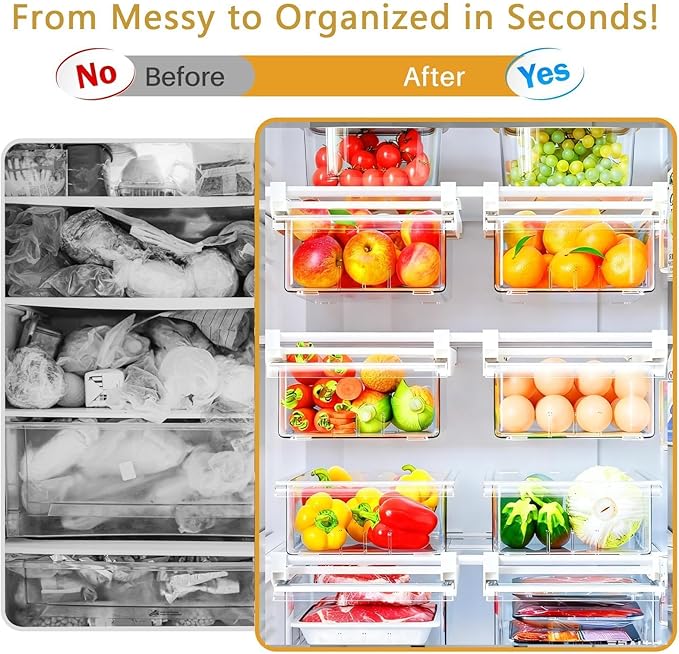 Refrigerator Drawer Organizers, Fridge Drawer Organizer, Pull Out with Handle, Clear Container for Food Drinks, Fit for Refrigerator Shelf Under 0.6 Inch, Easy to Install（1-Pack）