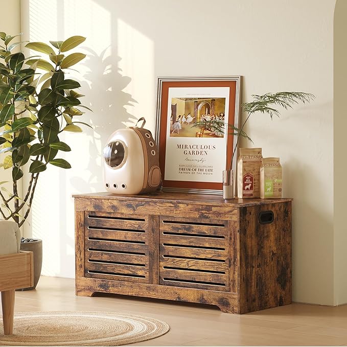 DINZI LVJ Storage Chest, 43.3â Wooden Toy Box with 2 Safety Hinges, Retro Entryway Shoe Storage Bench with Flip-Top, Sturdy Large Storage Trunk for Living Room, Bedroom, Easy Assembly, Rustic Brown