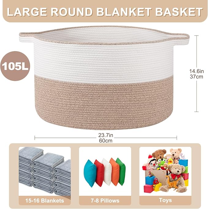 XXL Large Blanket Basket with Handles, 105L Woven Storage Basket for Living Room, Cotton Rope Baby Toy Storage for Clothes, Pillows, Towels-Brown & White