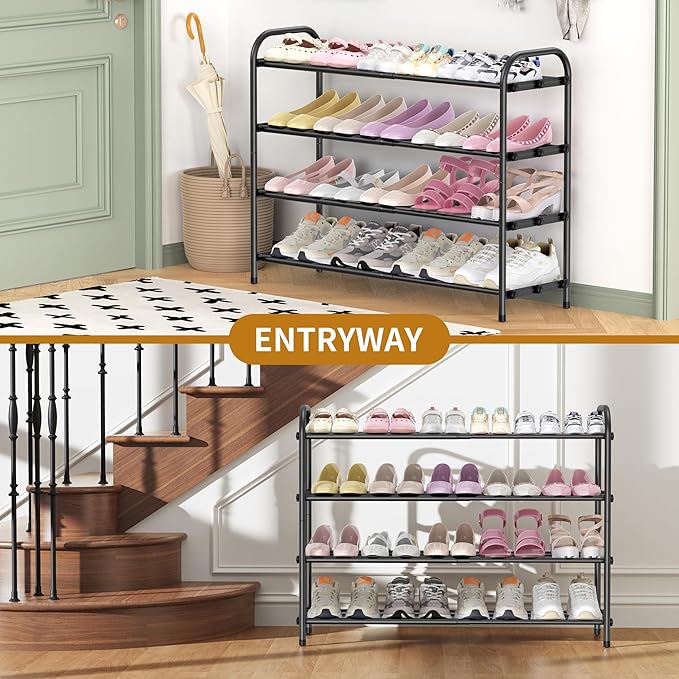 4-Tier Expandable Shoe Rack for Entryway，Adjustable Metal Shoe Organizer for Closet,Living Room,Dorm,Black