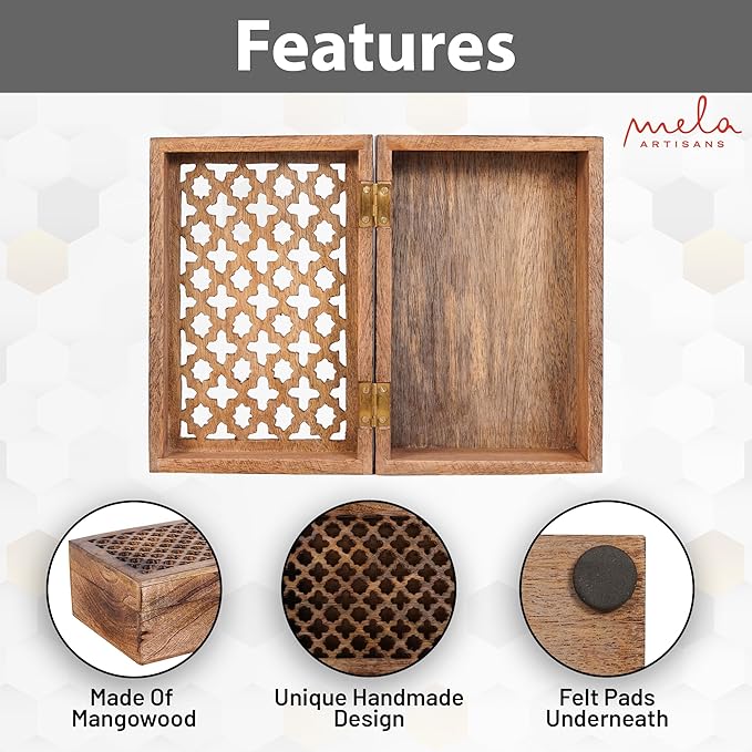 Mela Artisans Large Wooden Keepsake Box | Medium Burnt Memory & Decorative Storage Box for Jewelry, Photos & Trinkets with Hinged Lid | Vintage Storage Box |Trellis Design | 9 x 6 x 3.5