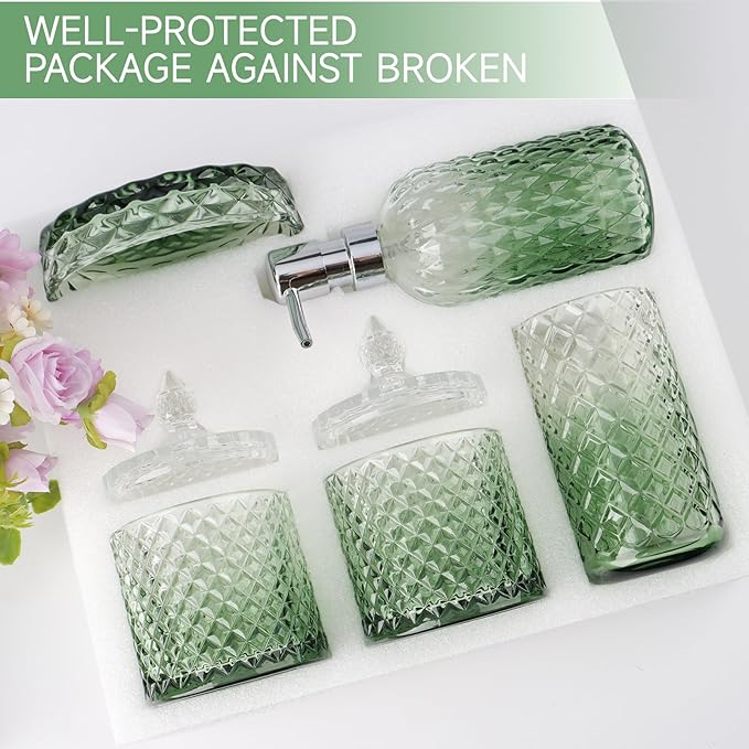5Pcs Glass Bathroom Accessories Set,Green Vintage Bathroom Accessory Set, Bathroom Counter Sink Toothbrush Holder Set Includes Hand/Lotion Soap Dispenser & Tumbler & Soap Dish & Qtip Holders