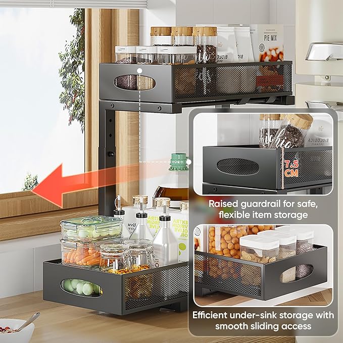 2Pack Under Sink Organizer 2 Tier Kitchen Spice racks and Storage – Pull Out Cabinet Organizer for Cleaning Products, Pantry Organization(White)