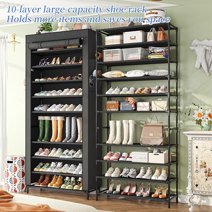 Simple Trending Tall Shoe Rack Organizer Holds 40 Pairs, 10 Tier Large Capacity Shoe Cabinet Storage with Cover for Closet, Black