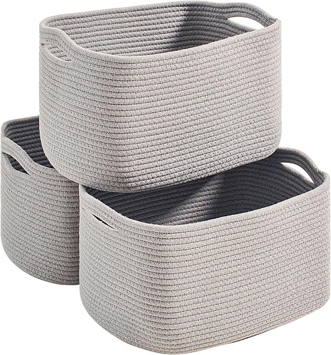 Grey Storage Baskets for Organizing Shelves, Woven Cotton Rope Basket for Storage, Gray Baskets for Toys, Cute Shelf Basket for Living Room Bedroom, 14.8"×11"×9.5", Pack of 3, Grey