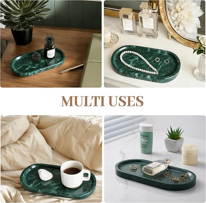 Natural Marble Tray, Green Stone Tray, Vanity Decorative Tray for Countertop, Catchall for Perfume, Candles, Skincare, Jewelry Dish, Bathroom Tray, Hotel Supplies