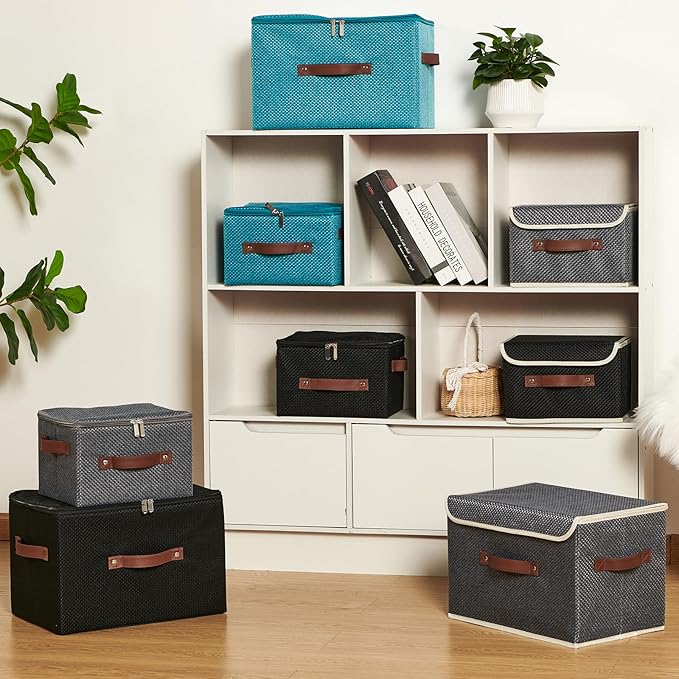 Storage Bins with Lid Fabric Storage Box Basket PU Leather Handle Textured Woven Cotton Linen Decorative Foldable Washable Shelf Closet Organizer Container (Zipper Lid, Black, Small)