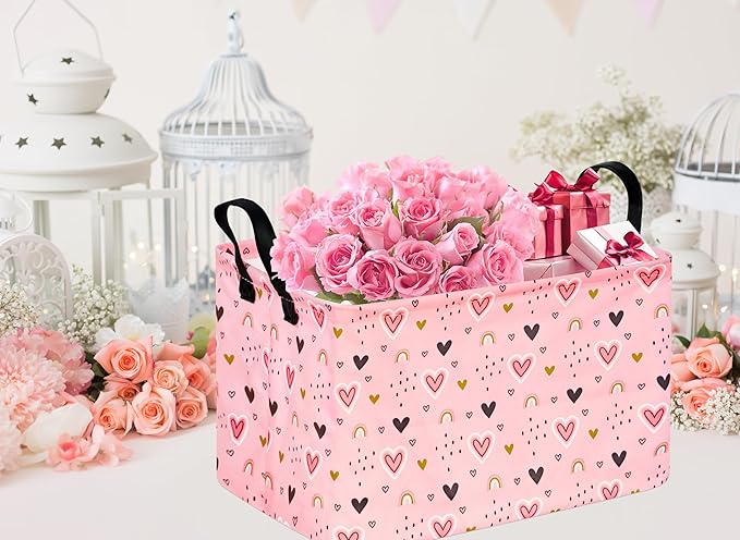 valentines basket Rec Pink Heart Print Box Hamper Storage Basket Collapsible Organizer Bin Gift Shelf Baskets for Home and Kitchen Storage