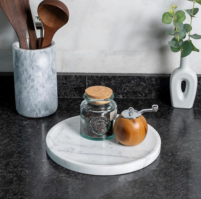 Natural Marble Decorative Tray for Bathroom Bedroom Kitchen Dresser, 9.8â Round Vanity Trays for Jewelry, Perfume, Cosmetic, Candle, Countertop Storage Organizer for Home Decor White, Arabescato