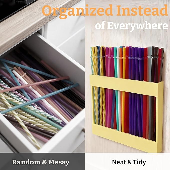 9.5” Large Acrylic Straw Holder for Cabinet Door with Detachable Ultra Sticky Adhesive Squares and Stickers, 2026 Reusable Straws Organizer Storage Dispenser for Kitchen Counter Cupboard