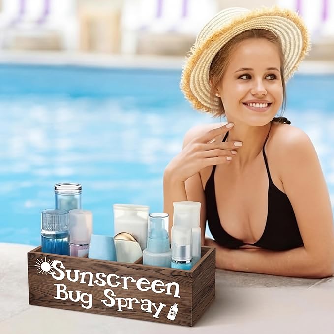 Sunscreen Bug Spray Storage Basket Summer Beach Wooden Box with 3 Compartment Dark Brown Toilet Tank Tray for Indoor Outdoor Swimming Pool Decor Sunblock Sunglasses Pool Toy Storage Basket