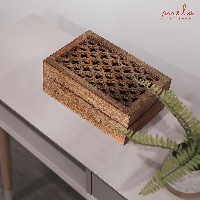 Mela Artisans Large Wooden Keepsake Box | Medium Burnt Memory & Decorative Storage Box for Jewelry, Photos & Trinkets with Hinged Lid | Vintage Storage Box |Trellis Design | 9 x 6 x 3.5