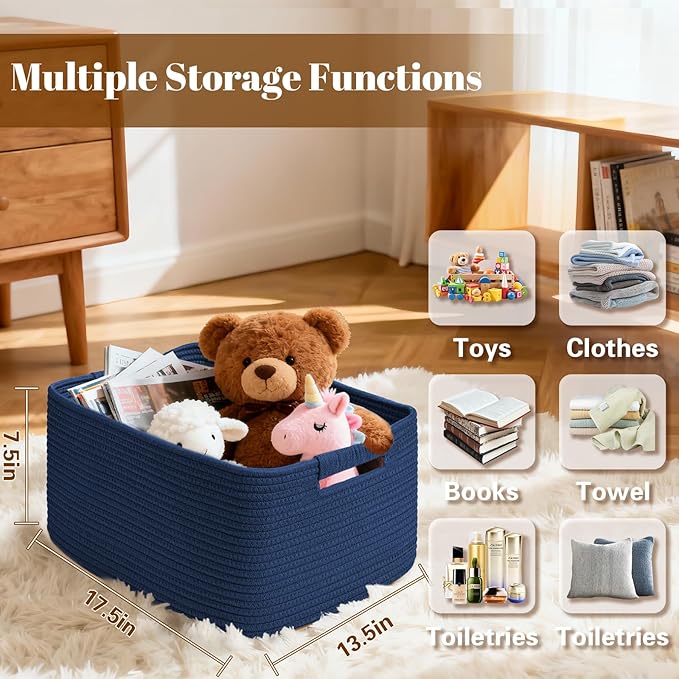 4 Pack Large Storage Basket for Organizing, 17.5"x13.5"x7.5" Woven Basket for Shelves, Closet Cube Storage Bins with Wrapped Handle, Cotton Rope Baskets for Kitchen, Clothes, Toys(Navy Blue)
