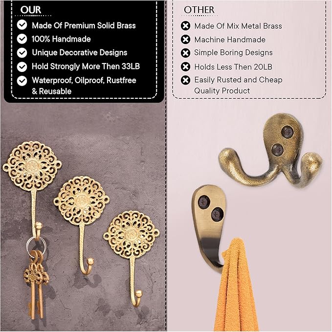 Indian Shelf Pack of 3 Handcrafted Brass Filigree Heavy Duty Decorative Vintage Key Holder, Key Wall Hooks for Hanging Coats, Jackets, Leash, Hat, Towel, Backpack, Purse, Handbag Wall Holders[Golden]