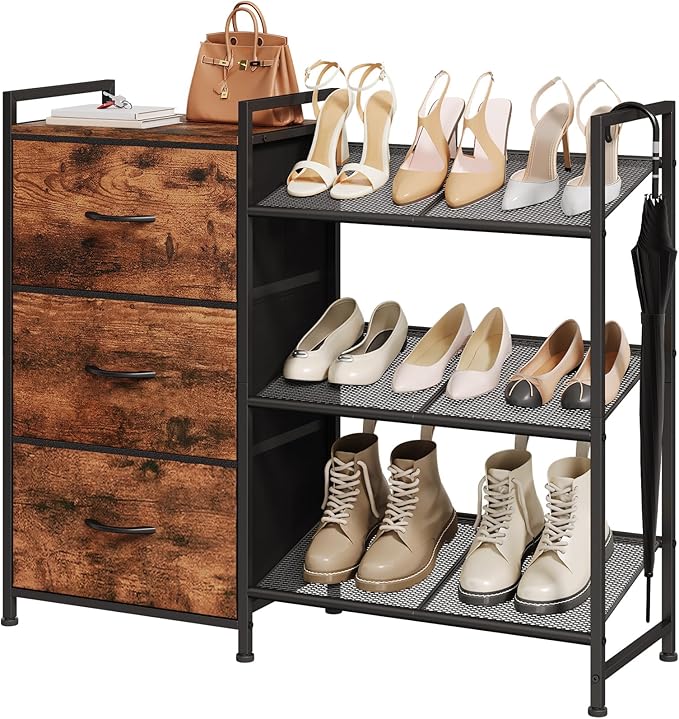Somdot Shoe Rack, 3 Tier Shoe Organizer with 3 Drawers, Metal Shoe Storage Shelf for 6-9 Pairs of Shoes, Narrow Shoe Rack for entryway, Wood Grain Print