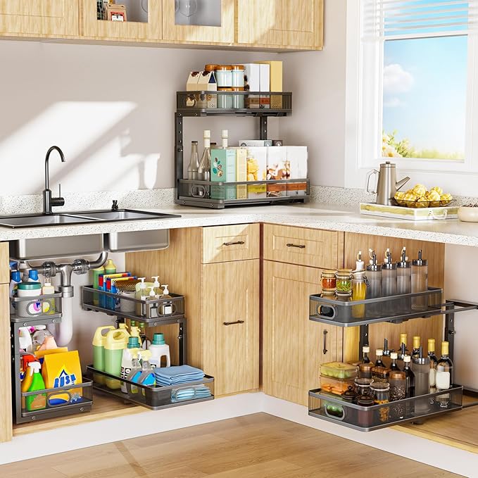 Under Sink Organizer, Height Adjustable 2 Tier Under Sink Organizers and Storage, Slide Out Metal Cabinet Organizers, Pull Out Sink Storage Drawer Shelf for Kitchen Bathroom Cabinet, Black, 1 Pack