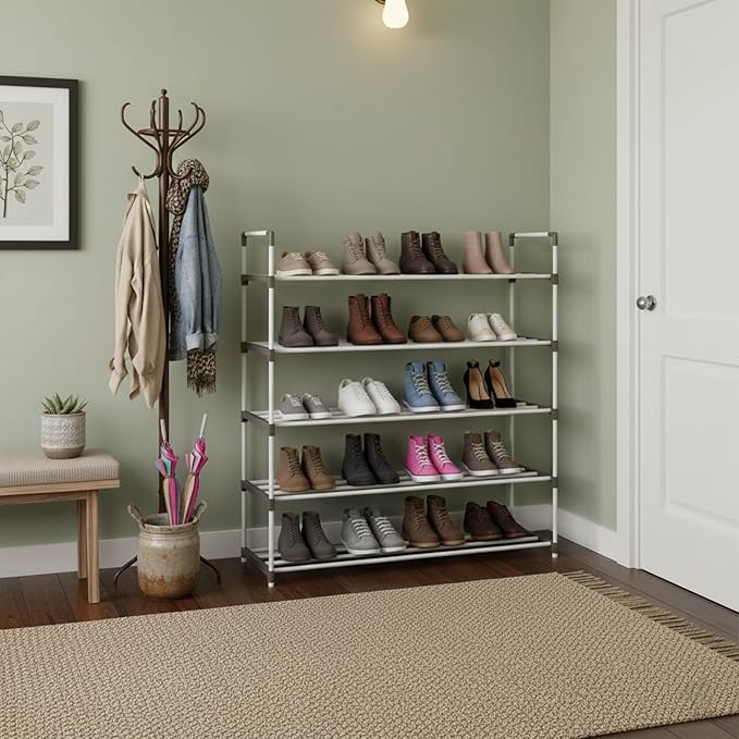 Home-Complete Shoe Rack – 5-Tier Shoe Organizer for Closet, Bathroom, Entryway – Shelf Holds 25 Pairs of Sneakers, Heels, and Boots (White)