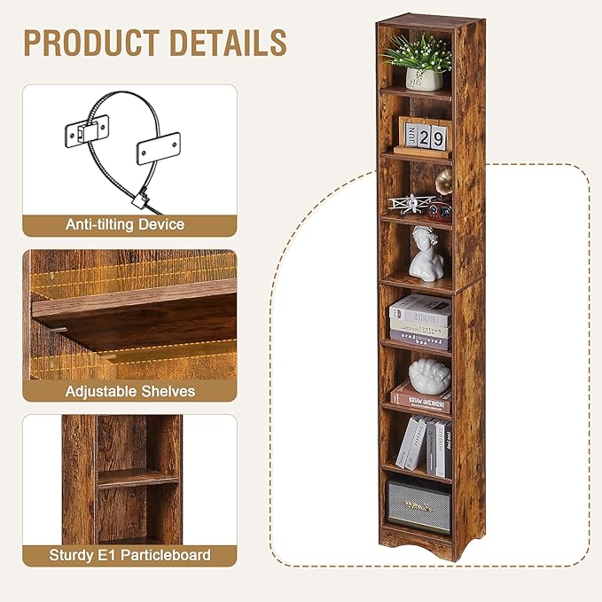 VECELO Narrow Tall 71 inch Adjustable Bookshelf - Customizable Shelf Heights, Elevated Dust/Moisture-Proof Base, Rustic Wood Display Shelf for Living Room Bedroom Small Spaces-Brown