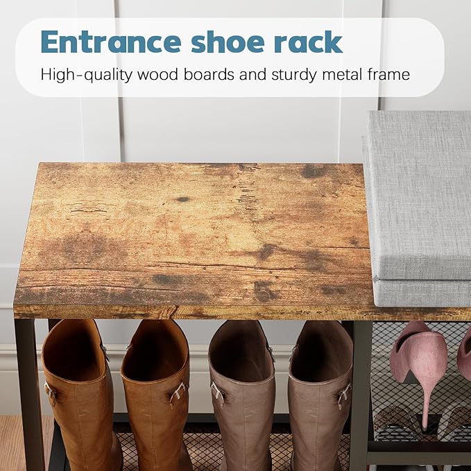 Shoe Rack for Entryway, Freestanding Hidden Shoe Storage Organizer, Boot Shoe Bench Shelves for High Heels with Seat cushion, Narrow Wood Shoe Rack for Entrance Closet, Hallway, 3 Tier (Brown + Gray)