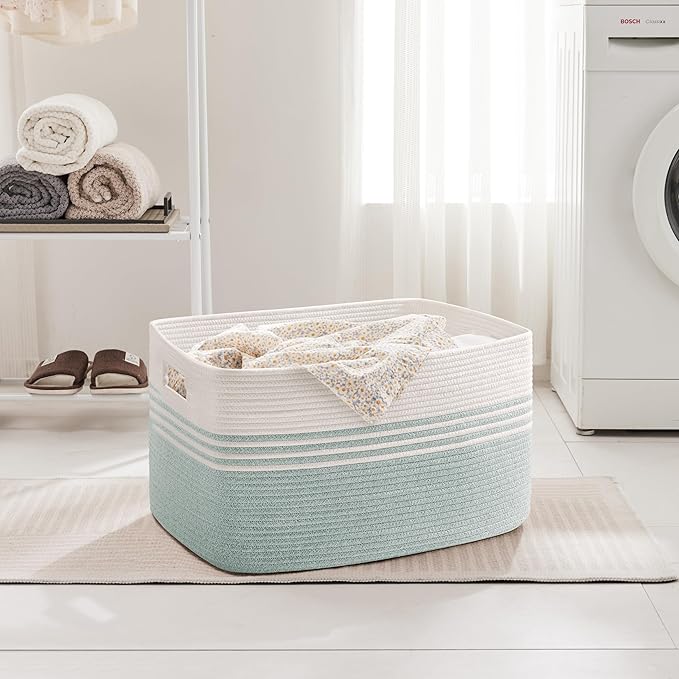 72L Large Laundry Basket for Living Room Storage, Woven Rope Baskets Bin for Blanket, Kids Toy, Gifts, Wicker Hamper for Bedroom Dirty Clothes, 22"x17"x12"White Green