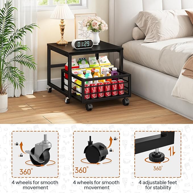 HOOBRO Mini Fridge Stand with Movable Storage Basket, Mini Fridge Cabinet with Wheels and Adjustable Feet, Sturdy Metal Frame, for Kitchen, Living Room, Office, Black BB155TL01