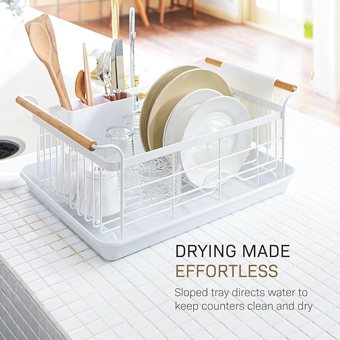 YAMAZAKI Home Dish Drying Rack – Modern White Dish Rack for Kitchen Counter with Removable Drainer Tray and Cutlery Holder, Steel + Wood Dish Drying Organizer - Steel + Wood -
