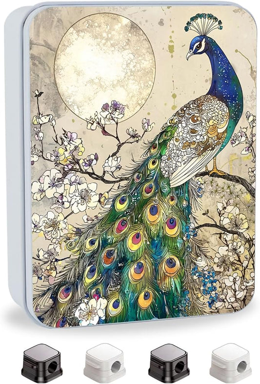Metal Tin Box with Lid,Multi-functional Storage Large Box Can Store Tea Biscuits Game Cards, Playing & Tarot Cards-Comes with 4 Magnetic Cord Clips,Peacock by Moon