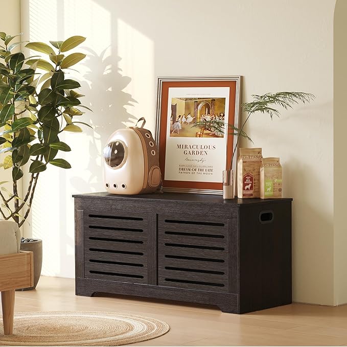 DINZI LVJ Storage Chest, 39.4âWooden Toy Box with 2 Safety Hinges, Retro Entryway Shoe Storage Bench with Flip-Top, Sturdy Large Storage Trunk for Living Room, Bedroom, Easy Assembly, Espresso