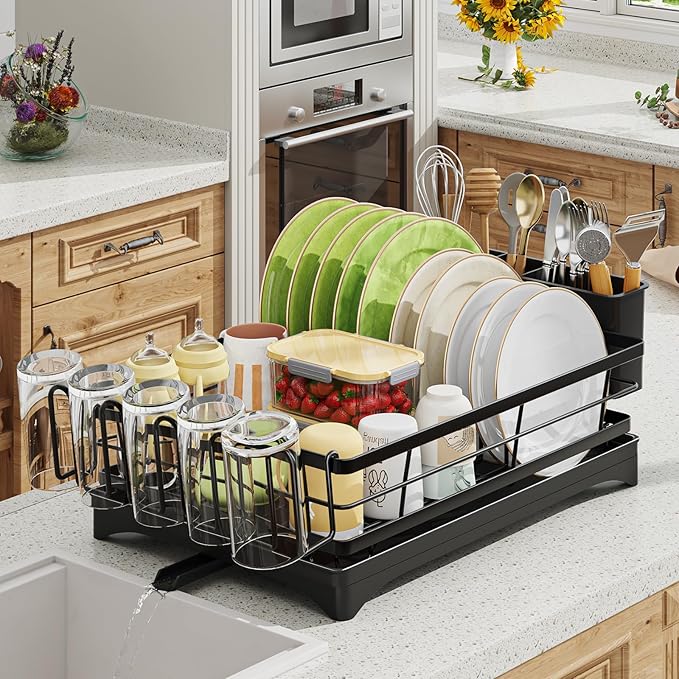 Dish Drying Rack for Kitchen Counter - Large Capacity Dish Drainer with Cutlery Holder & Drip Tray, Space Saving Kitchen Organizer (12x15.7), Black