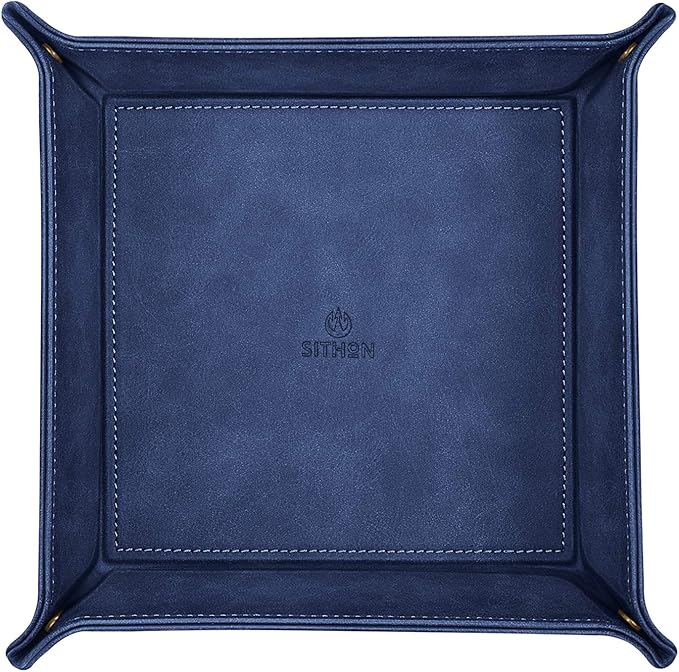 SITHON Valet Tray Desktop Storage Organizer â Premium PU Leather Catchall Bedside Vanity Tray Nightstand Caddy Holder for Keys, Phone, Wallet, Valentine's Day Gift, Dark Blue