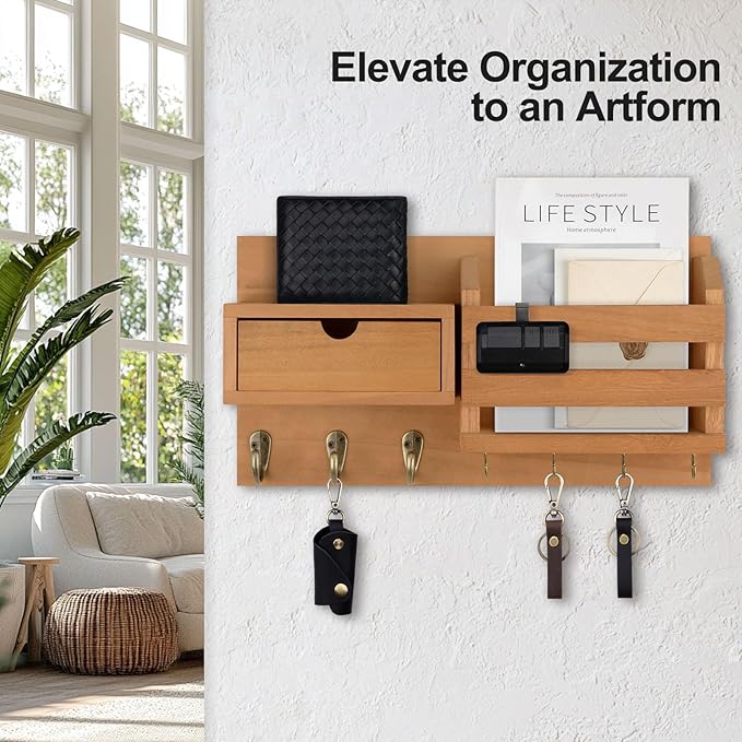Wall Mount Key Holder with Mail Organizer, 100% Paulownia Wood, 7 Metal Hooks, Storage Drawer, Entryway Home Decor