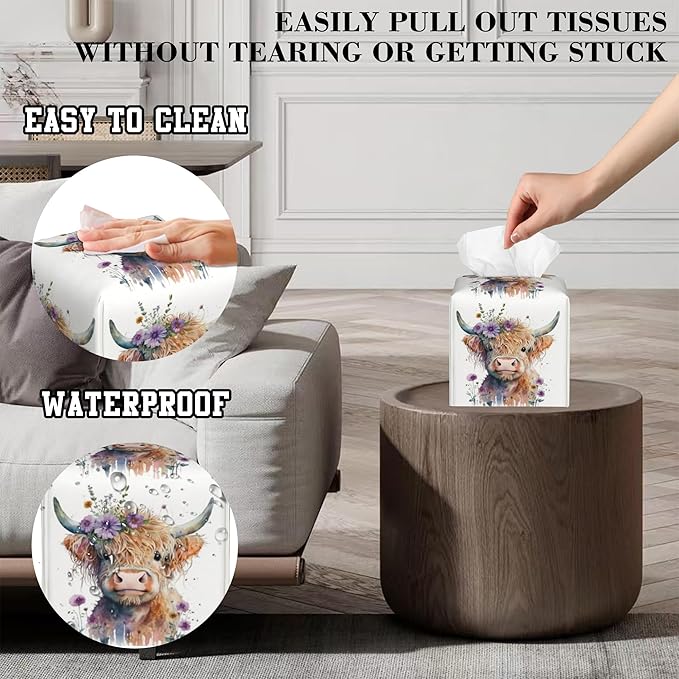 Tissue Box Holder Watercolor Highland Cow with Flowers Square Leather Tissue Box Cover Modern Cube Facial Paper Cover Case for Bathroom Vanity Countertop Night Stands Tabletop