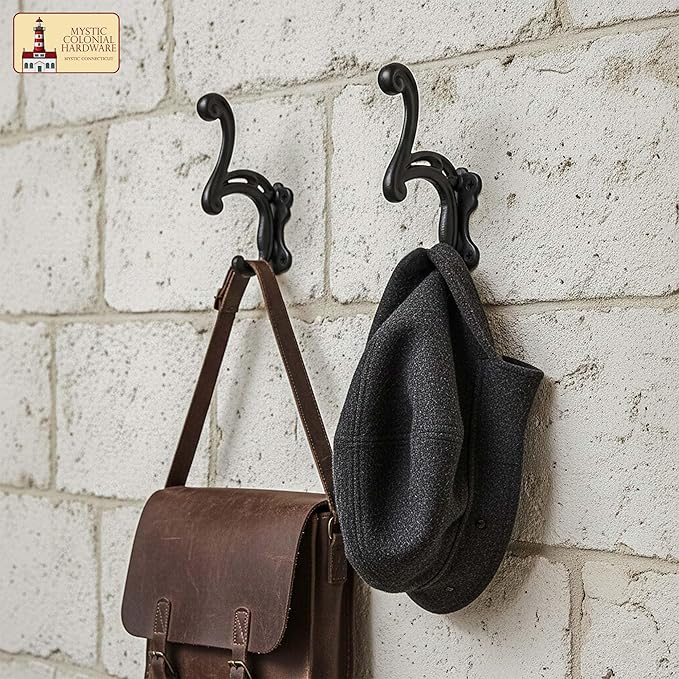 Mystic Colonial Rustic Cast Iron Wall Hooks, Heavy Duty Coat Hooks for Coat, Bag, Towel, Hat & Robe, Mounting Hardware Included, Black, Pack of 10