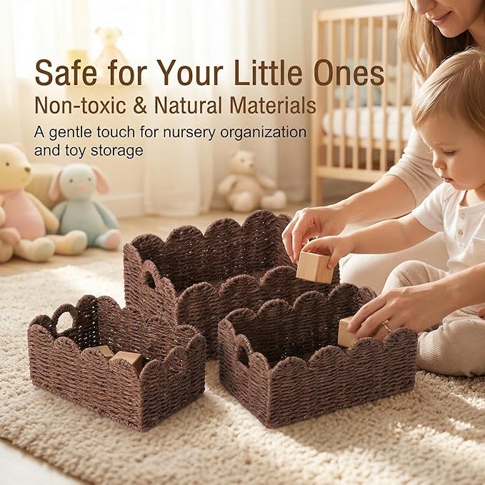Scalloped Wicker Baskets, Set of 3 Hand-Woven Storage Baskets with Handles - Paper Rope Shelf Organizers & Decorative Baskets for Shelves, Closet, Bathroom (Brownï¼